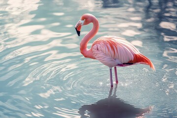A majestic flamingo standing tall, casting a subtle shadow on the water.