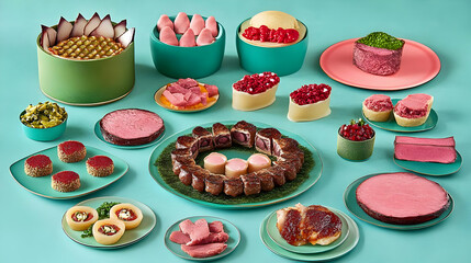 Gourmet Culinary Delights: An Array of Exquisite Meats and Desserts Arranged on a Turquoise Tabletop, Showcasing Culinary Artistry and Presentation