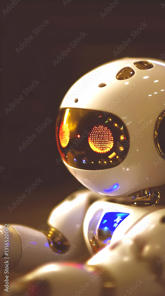 Poster close-up of a futuristic white robot with illuminated eyes and details, a 3d render of advanced robo