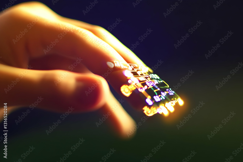 Poster abstract close-up of finger interacting with illuminated circuitry, glowing with vibrant hues in a d