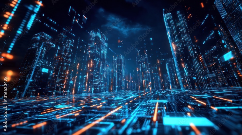 Poster futuristic cityscape with digital data streams. dynamic urban landscape infused with glowing lines o
