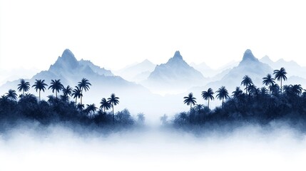 Ethereal Blue Landscape with Majestic Mountains and Silhouetted Palm Trees Emerging from Misty Horizon