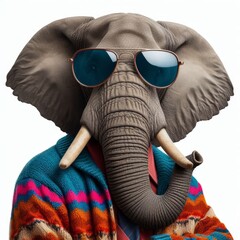 Elephant with Retro Sunglasses and Colorful Sweater Portrait Photography