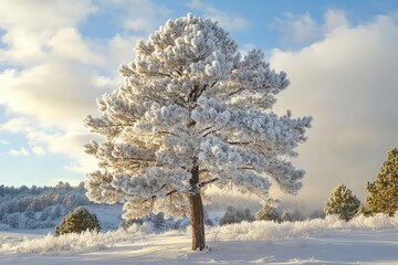 A majestic pine tree covered in frost, shimmering under the soft winter morning light.