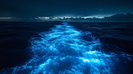 Bright glowing blue bioluminescent water creates a wondrous ocean passage