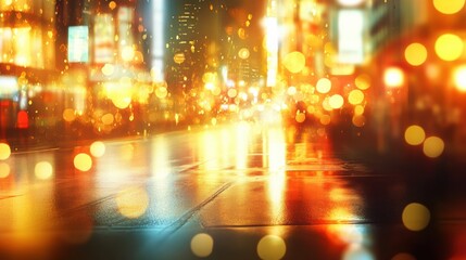 Fototapeta premium Urban Night Scene with Bokeh Lights and Reflections on Wet Streets