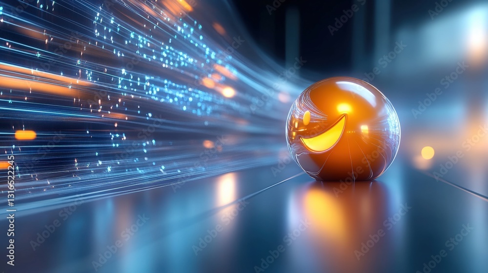 Poster dynamic motion of an orange sphere digital realm 3d animation futuristic environment close-up view c