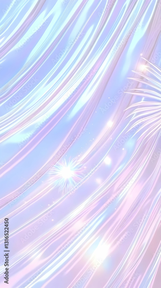 Poster abstract 3d iridescent background with flowing pastel lines and glowing sparkles, creating a dreamy,