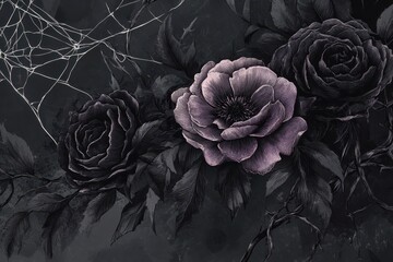 Dark floral illustration featuring roses and a spider web design