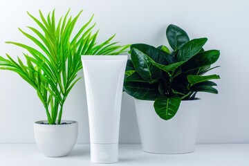 A clean product design featuring white tube placed between two green plants, creating fresh and natural aesthetic. plants add vibrant touch to minimalist setting