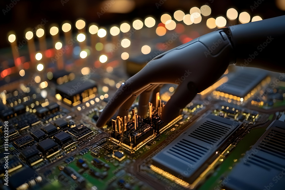 Poster robotic hand interacts with illuminated circuit board, a 3d digital illustration of technological ad