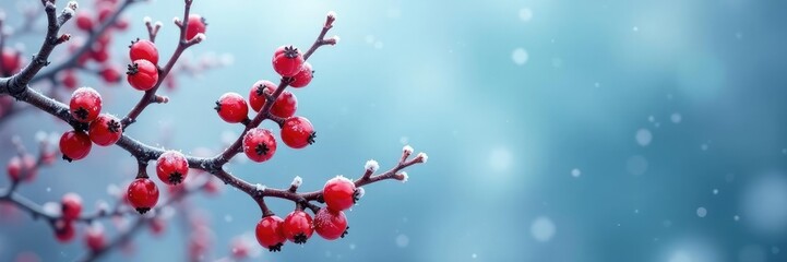 Fototapeta premium Frosted red berry branches against a cold blue sky, seasonal, cold