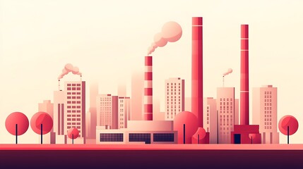 Fototapeta premium Industrial cityscape with factory buildings, red smokestacks, and pastel color palette in vector art style