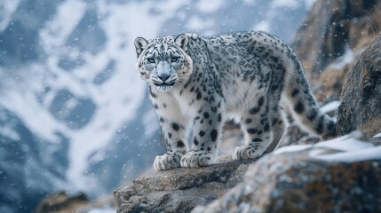 Majestic Snow Leopard Stares Intently in its Snowy Mountain Habitat