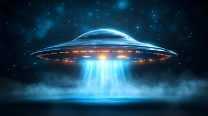 Gordijnen UFO Spacecraft Poster with Flying Saucer Projection © TRVNK