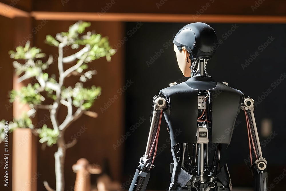 Poster a detailed 3d render of a humanoid robot's back, contemplating a bonsai tree in a modern setting