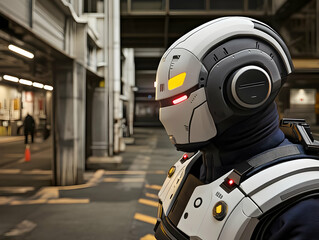 Futuristic Robot in Advanced Helmet Stands in Urban Setting, Digital 3D Illustration