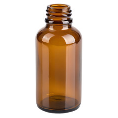 Amber glass bottle without cap on white.