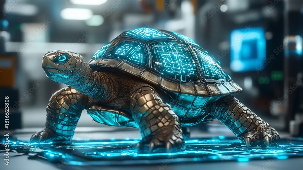 Aufkleber cyborg turtle walks through a futuristic data center with glowing shell
