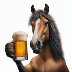 Humorous horse enjoying a refreshing beer, realistic animal photography