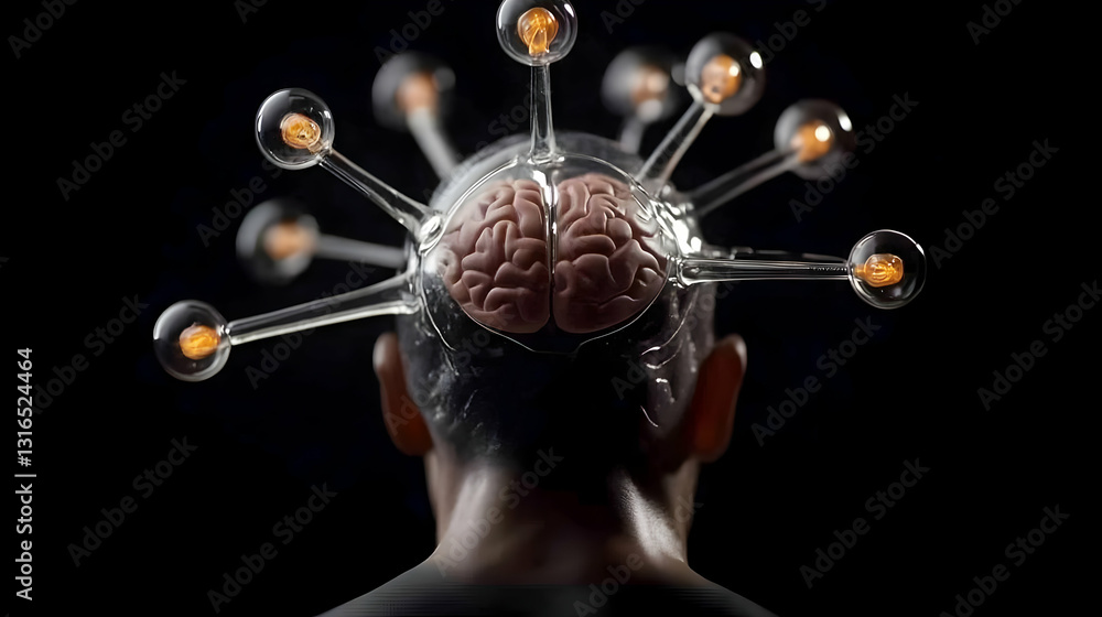 Poster 3d render of a human brain illuminated by glowing bulbs, abstract concept of neural pathways and enh