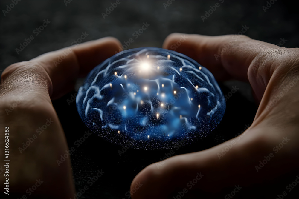 Poster 3d render of hands gently holding a glowing brain sphere, abstract neural network visualization