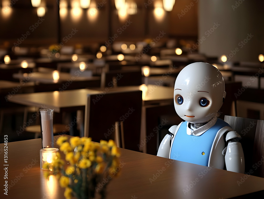 Poster 3d render of a childlike robot sitting alone at a table in a dimly lit restaurant, illuminated by ca