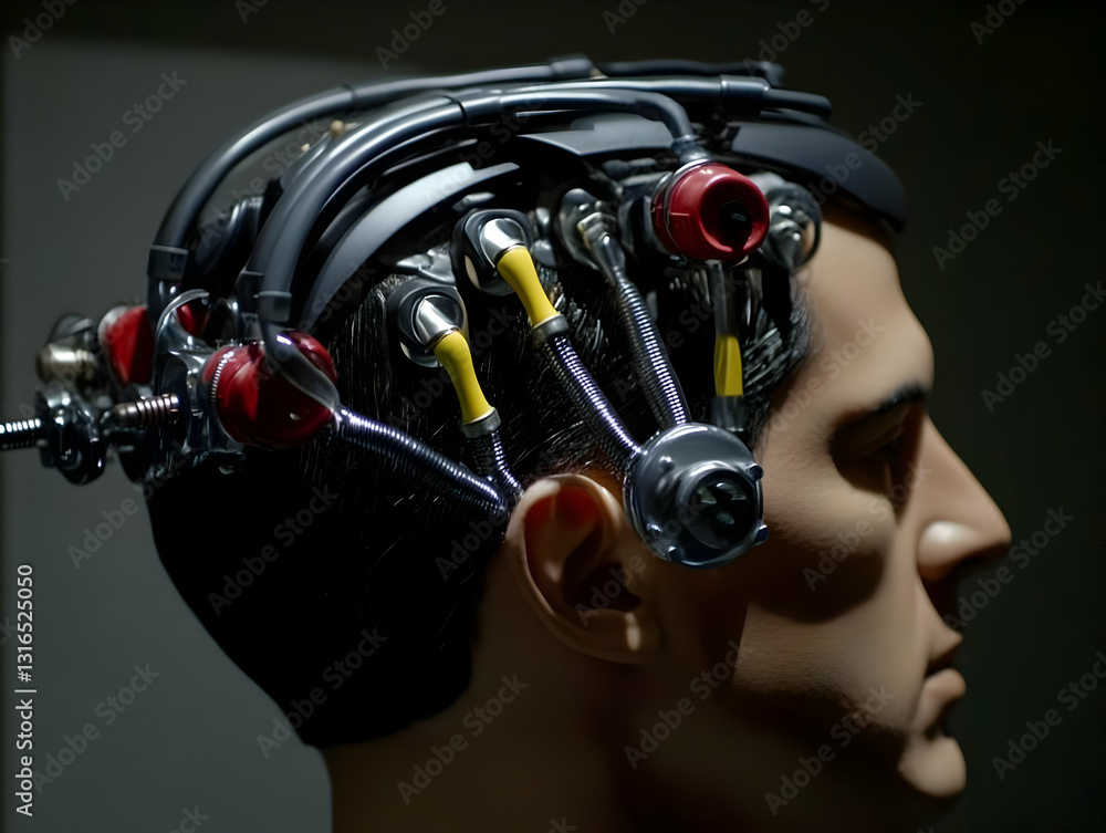 Aufkleber 3d render of futuristic headband with intricate wiring system attached to a mannequin head, highligh