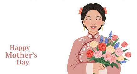 A smiling woman in traditional attire holds a bouquet, celebrating Mother's Day.