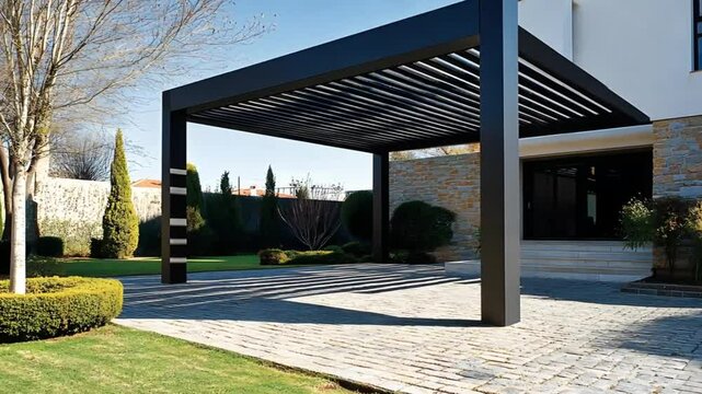 Modern black pergola over driveway, sunny backyard. Use for home design, landscaping, or backyard