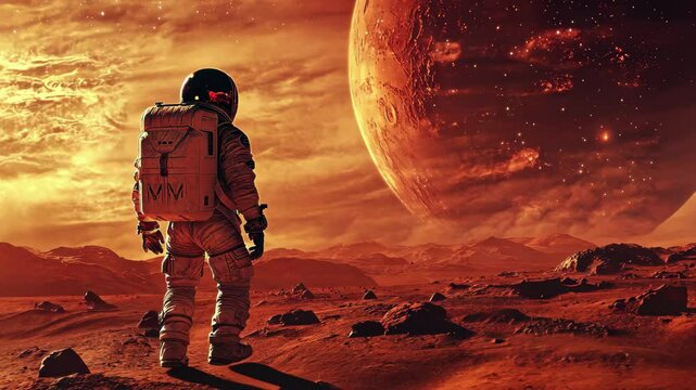 Astronaut exploring the surface of Mars during a breathtaking sunset, an astronaut on mars planet video background Seamless ing quality