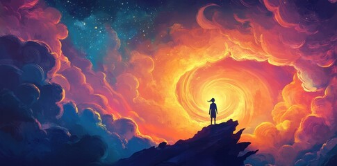 Obraz premium A silhouetted person gazes upon a cosmic swirling celestial vista
