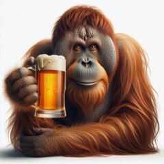 Orangutan holding mug of frothy beer isolated on white realistic image