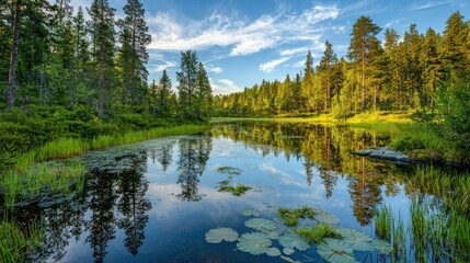 Fototapeta premium Serene forest lake reflecting sky, lush greenery.