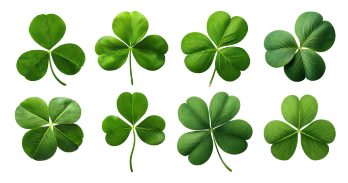 Variety of Green Clover Leaves Isolated on White Background, Bundle Set Collection, Isolated on Transparent Background