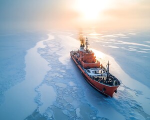 Research vessel navigating icy waters at sunrise.