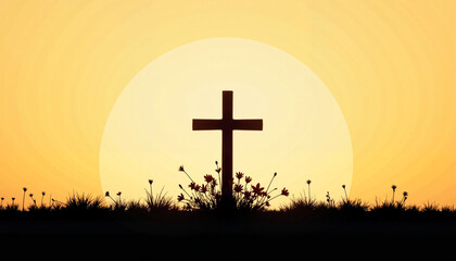 Silhouette scene of a prominent cross with lilies at its base in a midday open field