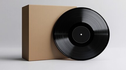 Record and sleeve. Brown package next to shiny black disc on gray surface