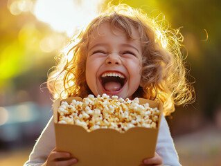 Naklejka premium Fröhliches blondes Kind mit lockigem Haar lacht ausgelassen und hält eine Tüte Popcorn. Warme Lichtstimmung im Gegenlicht mit goldenen Sonnenreflexen
