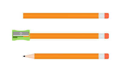 Three stages of pencil sharpening. Set of unsharpened, partially sharpened with sharpener attached, and fully sharpened pencils. Vector illustration isolated on a white background