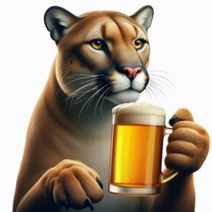 Realistic animal photography featuring a puma elegantly holding a beer mug
