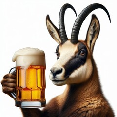 Realistic Chamois Portrait Toasting with a Frothy Beer Mug on White Background