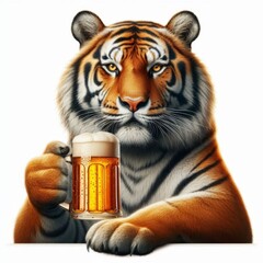 Humorous Tiger Enjoying Refreshment: Realistic Animal Photography with Beer Mug