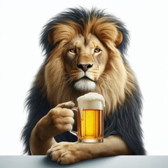 Regal Lion Enjoying Refreshing Beer Mug in Realistic Animal Photography