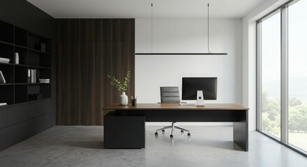 Modern office space featuring a desk, chair, computer, and minimalistic decor.