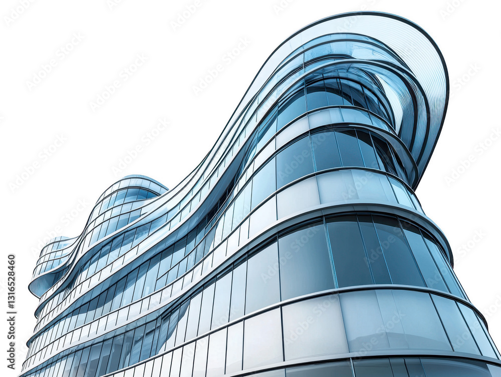 Poster modern, curvilinear glass building with reflective windows and sleek architectural design. structure