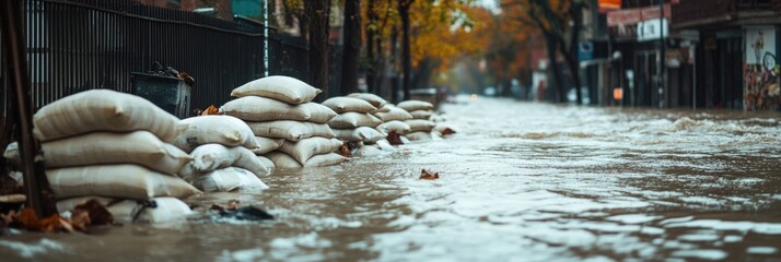 Flooded city street during natural disaster. Emergency response ongoing.