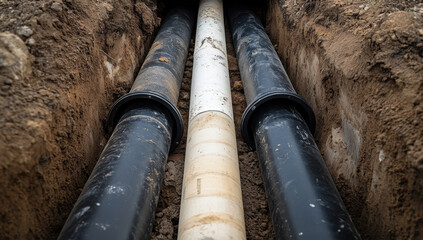 Fototapeta premium Three large black plastic pipes are positioned within a trench, recently excavated for utility installation in an urban landscape