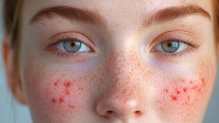 Closeup of a woman's face, highlighting skin issues like acne and blemishes.