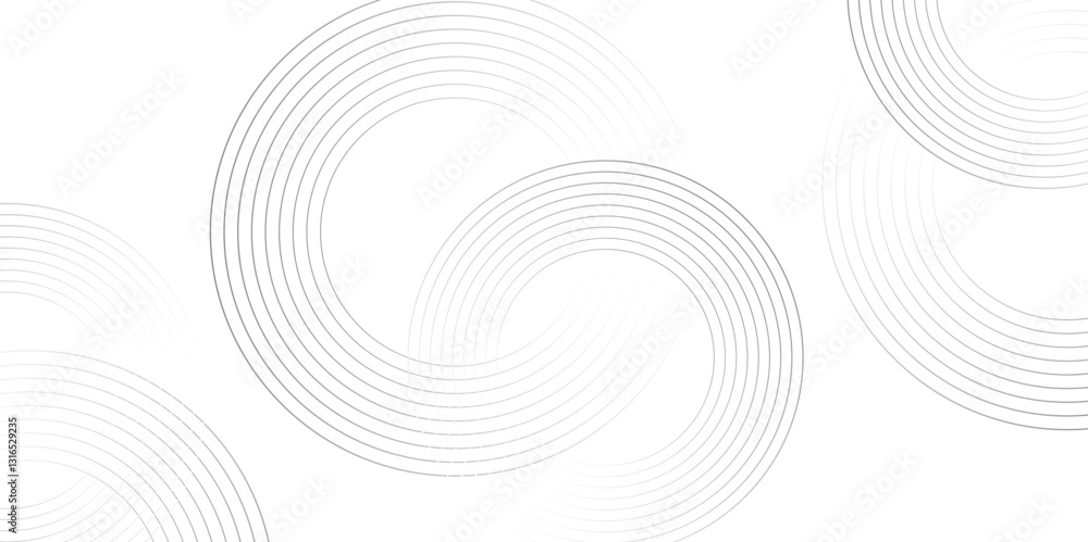 Poster Abstract white background with black circle rings. Spiral sound wave rhythm line and dots dynamic abstract background, Vector illustration design for presentation, banner, cover, poster, texture Etc.	